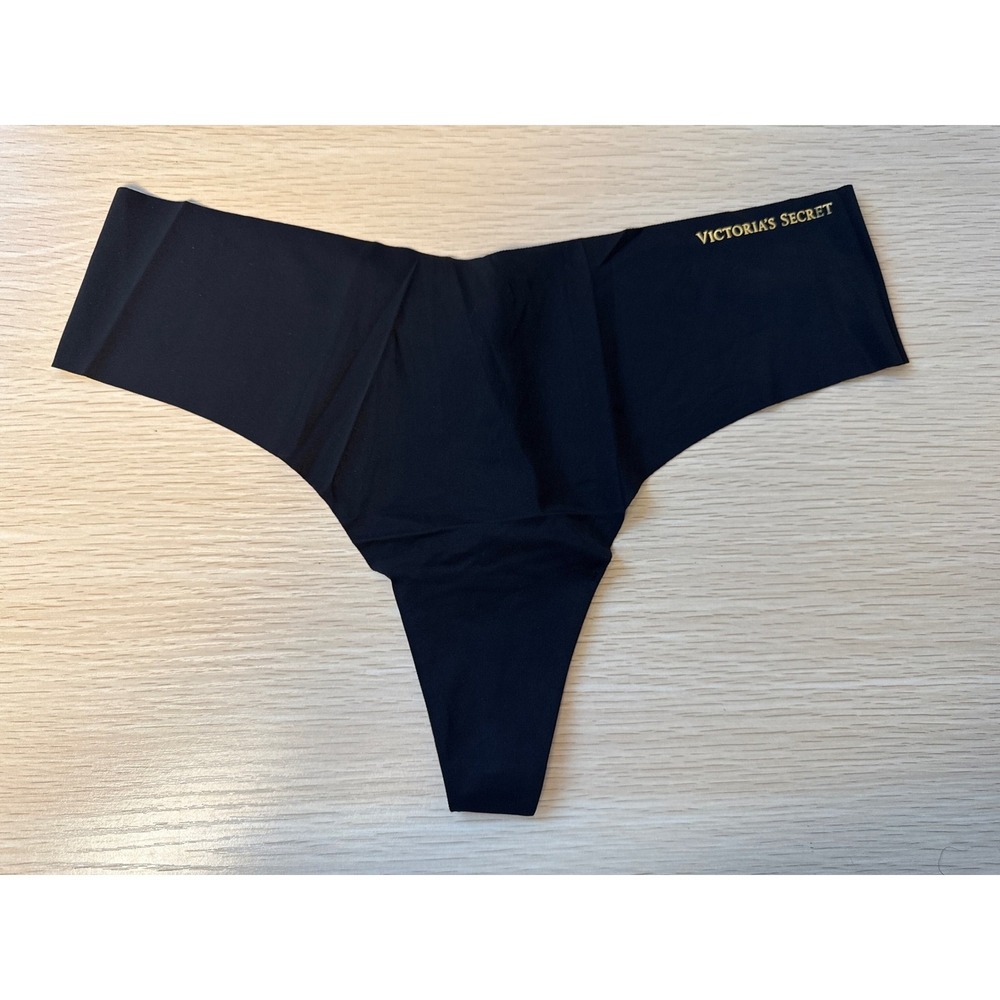 NWT Victoria's Secret Thong Panty Seamless No Show Gold Logo Black XL